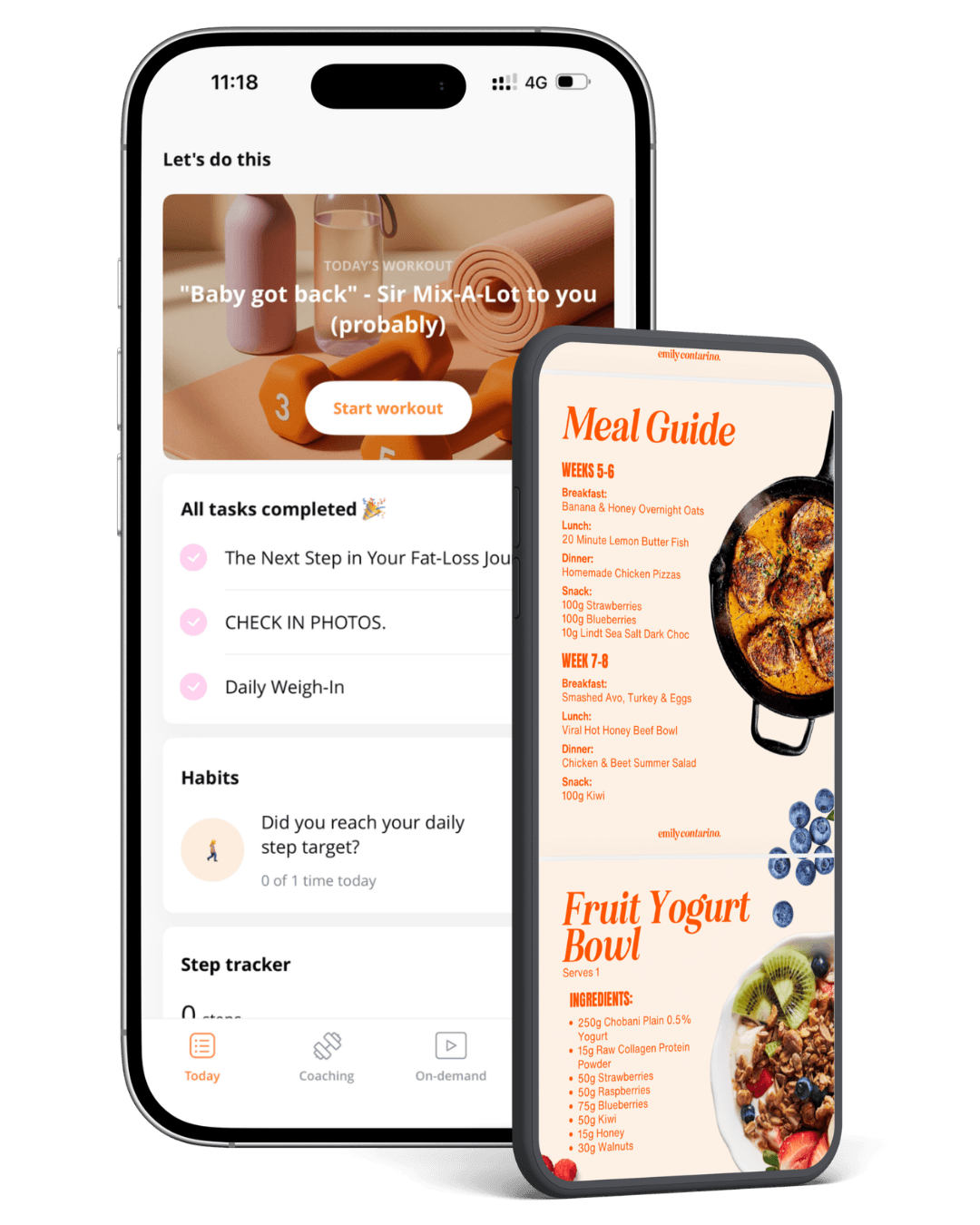 The Dream Body Blueprint app: dashboard, workouts, habits and meal guide