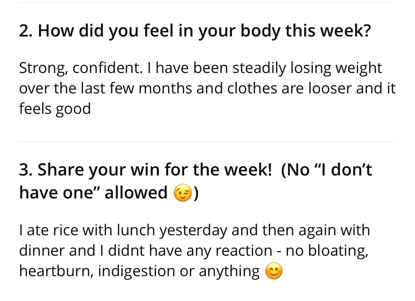 Client check-in: strong and confident, steadily losing weight, clothes looser, and I ate rice with no bloating or reaction.
