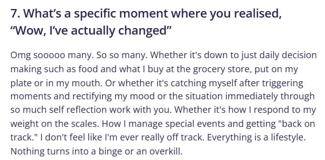 Client check-in from Alana: I don't feel like I'm ever really off track, everything is a lifestyle now, nothing turns into a binge.