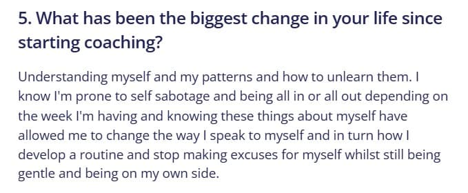 Client check-in from Mariam: the biggest change is understanding myself and my patterns and how to unlearn them.