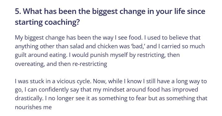 Client check-in from Monique: my biggest change is the way I see food, I no longer fear it, I see it as something that nourishes me.