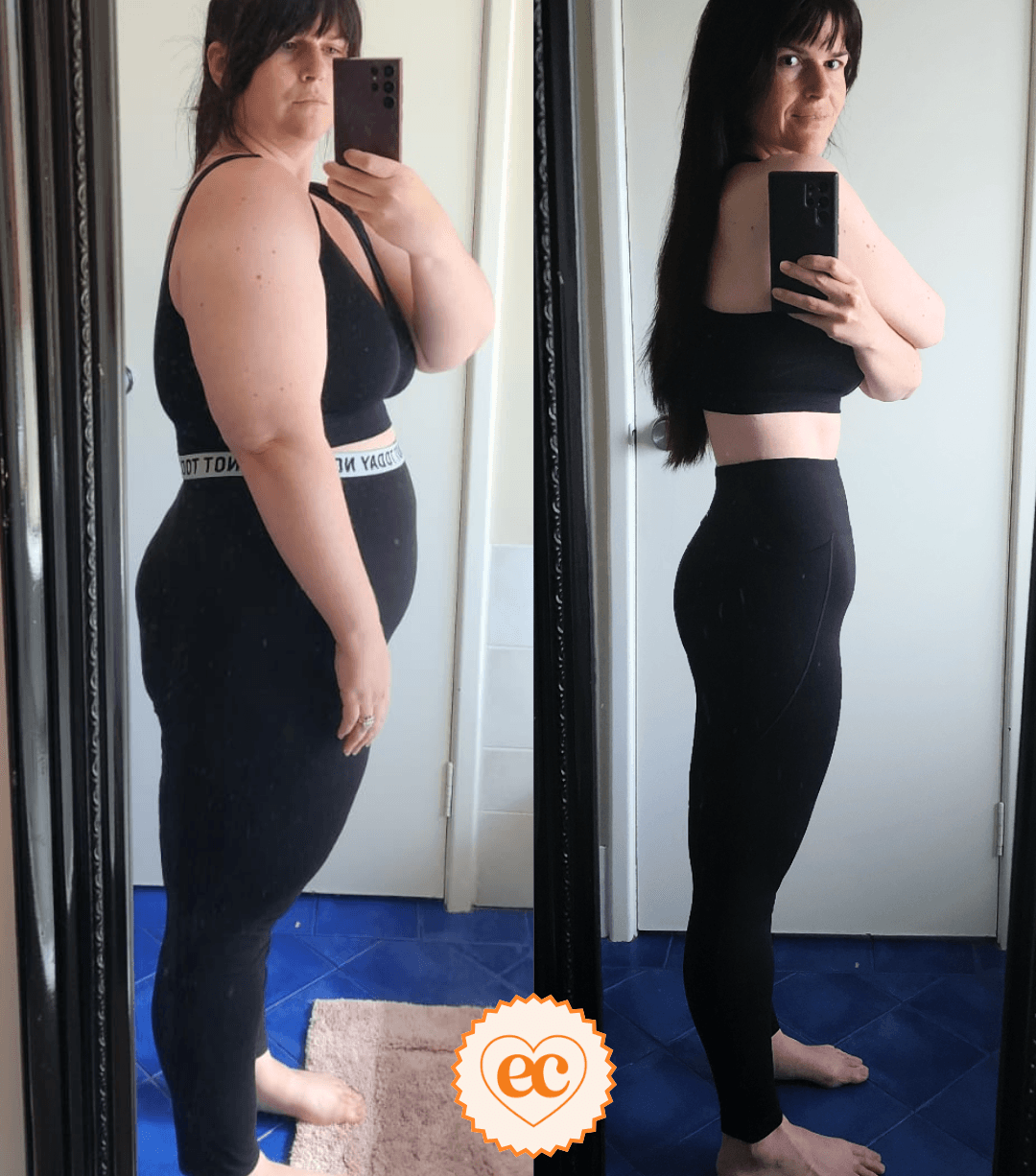 Alana, before and after coaching: down 45kg, much leaner from the side